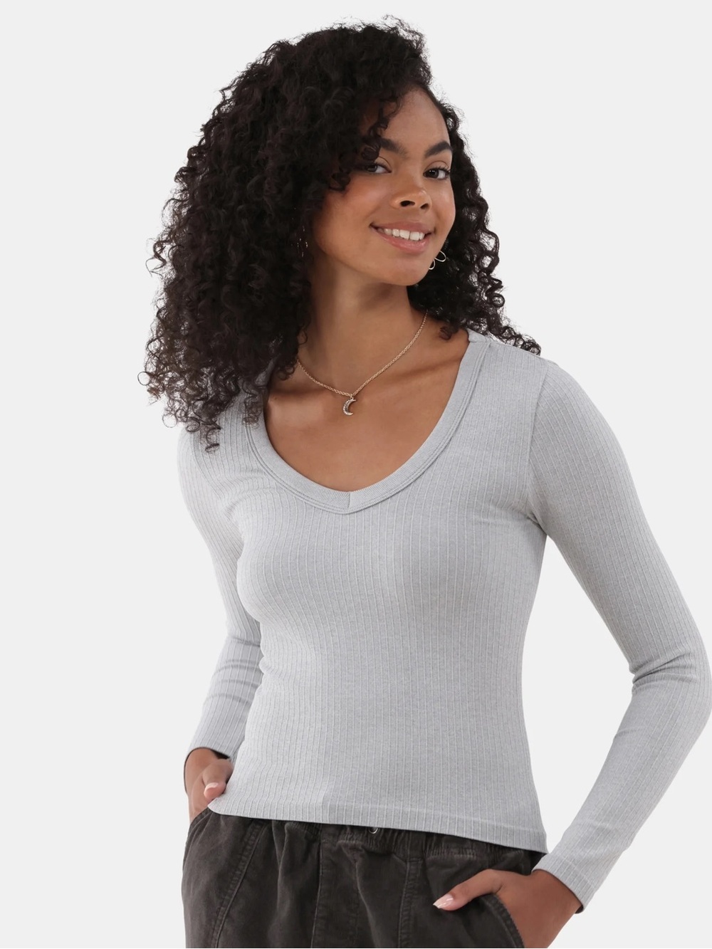 No Boundaries Light Gray Ribbed Scoop Neck Long-Sleeve Top